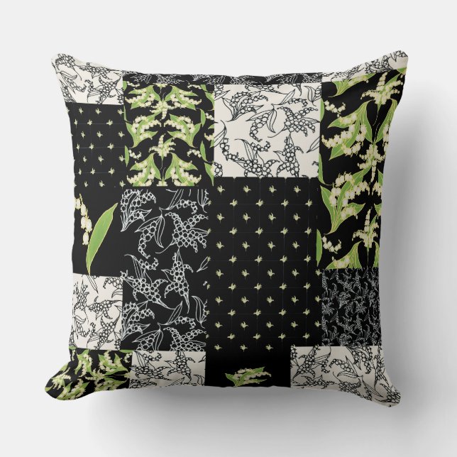 Almofada Patchwork da Lily-of-the-Valley Faux em Black (Frente)