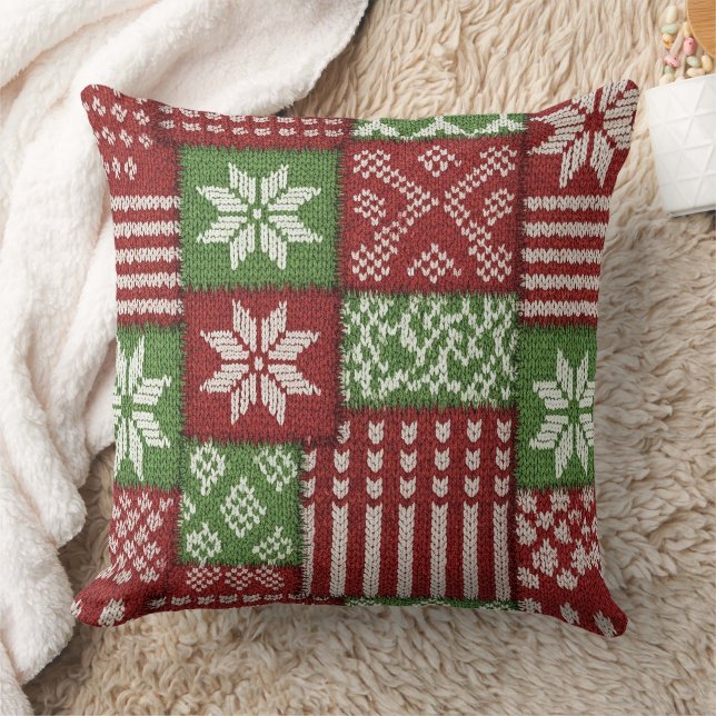 Almofada Patchwork de Tricô Clássico de Natal -Vermelho, Ve (Cobertor)