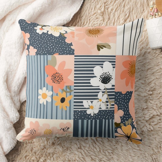 Almofada Patchwork Floral Retro em Rosa e Azul (Cobertor)