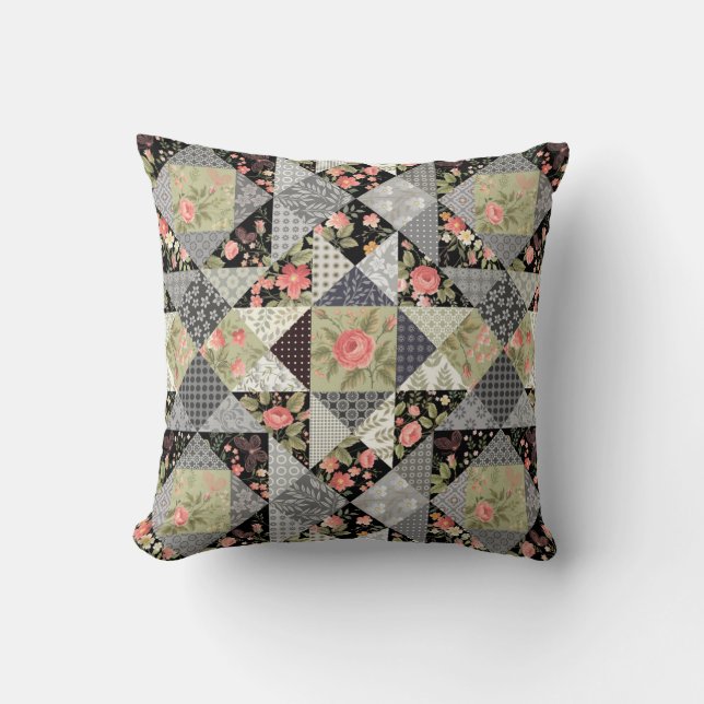 Almofada Patchwork Padrão Butterflies Flores Foliage Rosa (Frente)