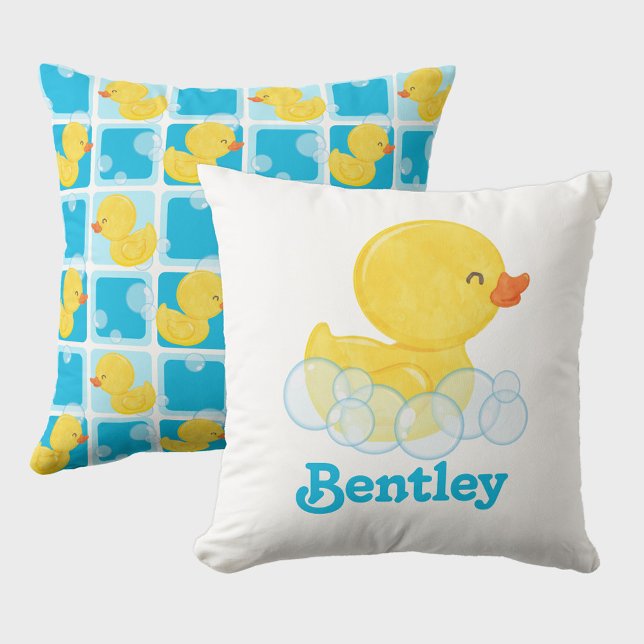 Almofada Pato de Borracha Menino Nome Personalizado (Boy Watercolor Rubber Duck Throw Pillow Personalized with Name)