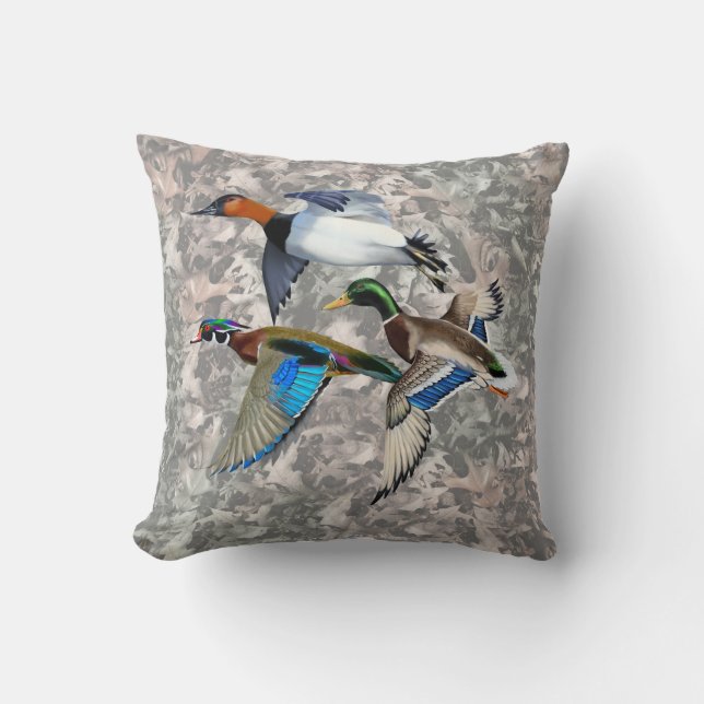 Almofada Patos Canvasback, Mallard e Wood em Voo (Frente)