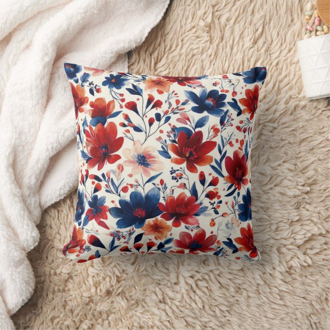 Almofada Pátrio Vermelho Azul Branco Floral (10) (Cobertor)
