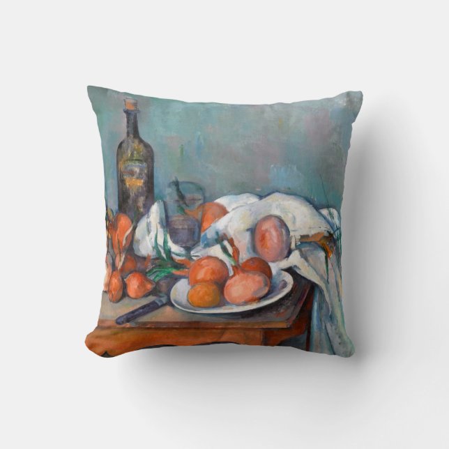 Almofada Paul Cézanne, ainda vida com cebolas e uma garrafa (Frente)