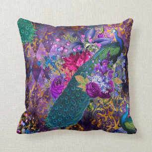 Almofada Pavão e flores em roxo