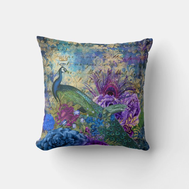 Almofada Pavão e Flores Ilustrados Antigos com Efeito Grung (Frente)