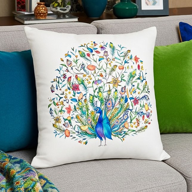 Almofada Pavão floral aquarela (Criador carregado)