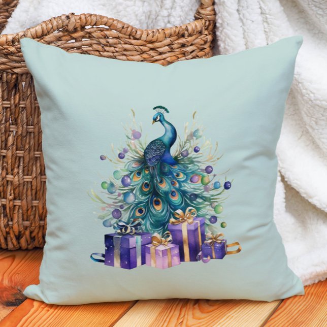 Almofada Pavão Natal Roxo Azul Verde-água (Purple and teal peacock Christmas decorator pillow.)