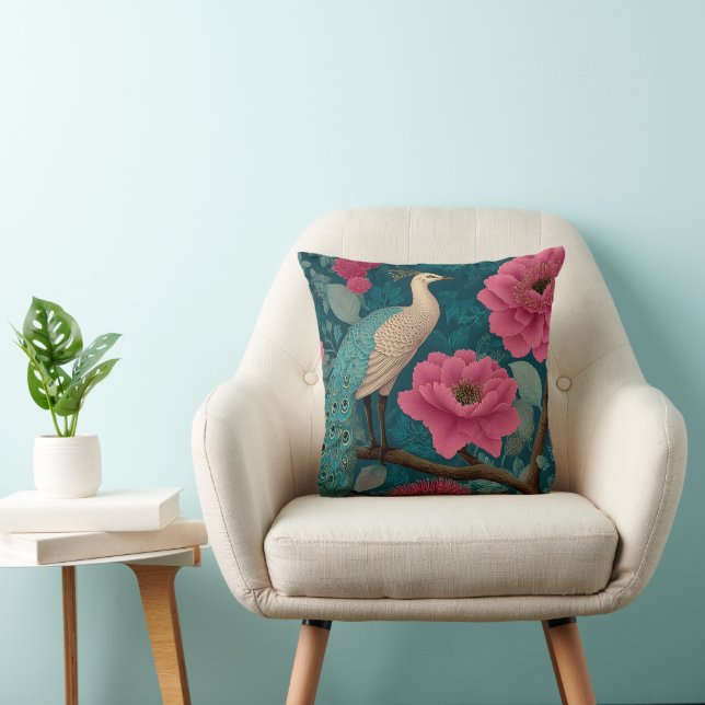 Almofada Pavão Vibrante e Padrão Floral Rosa (Cadeira)