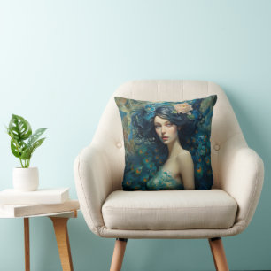 Almofada Pavock Feather Beauty: Mulher em Teal e Azul