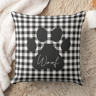 Almofada Paw Print WOOF Buffalo Xadrez Black White Pet Deco