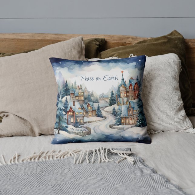 Almofada Paz de Natal em nome da família Earth Snowy Villag (Add serene holiday charm to your home with a peaceful snowy village evening winter scene.)
