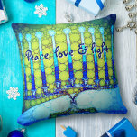 Almofada Peace Love Light Blue Chanukkah Menorah<br><div class="desc">"Paz, amor e luz." Uma fotografia de perto de uma menorah brilhante, colorida, azul e verde artística ajuda-o a lançar no feriado de Hanukkah no estilo. Sinta o calor e a alegria da temporada de festas sempre que você relaxa nesse travesseiro decorativo chanucá, maravilhoso e colorido. Faz um conjunto impressionante...</div>