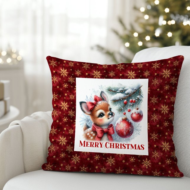 Almofada Peaceful baby deer Christmas scene snowy kids room (Peaceful baby deer Christmas scene snowy kids room decor)