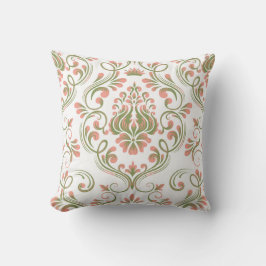Almofada Peach e Sage Green Damask Floral Patterno Elegante