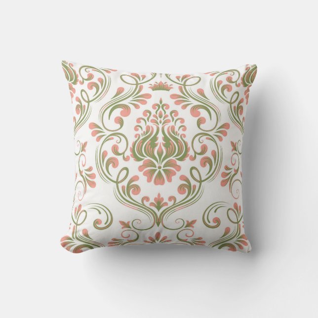 Almofada Peach e Sage Green Damask Floral Patterno Elegante (Frente)