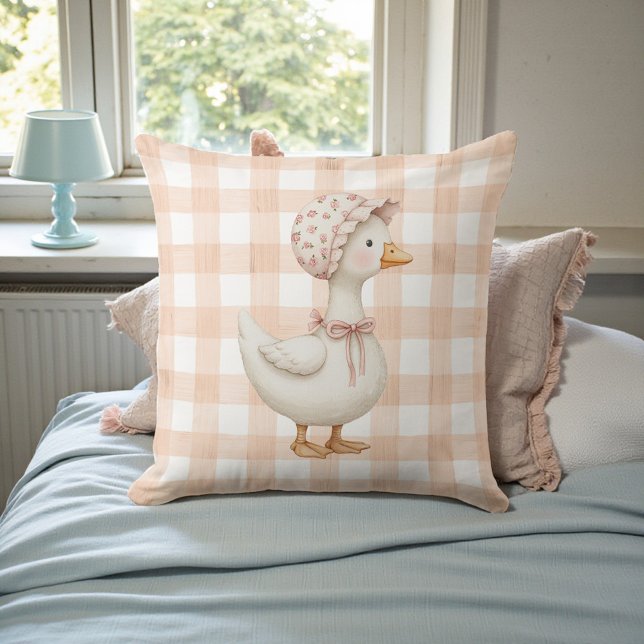 Almofada Peach Gingham Goose Watercolor (Criador carregado)