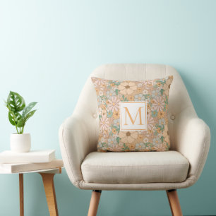 Almofada Peach Orange Floral Monograma personalizado