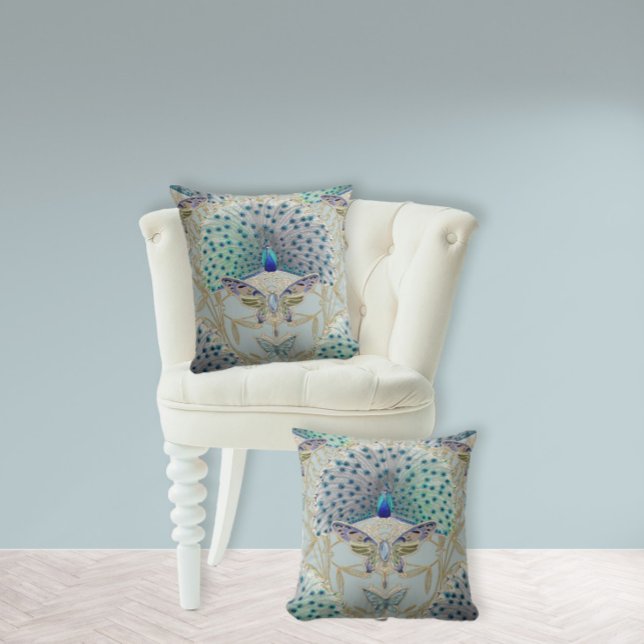 Almofada Peacock Art Deco Nouveau Butterfly Elegante Dourad (Criador carregado)