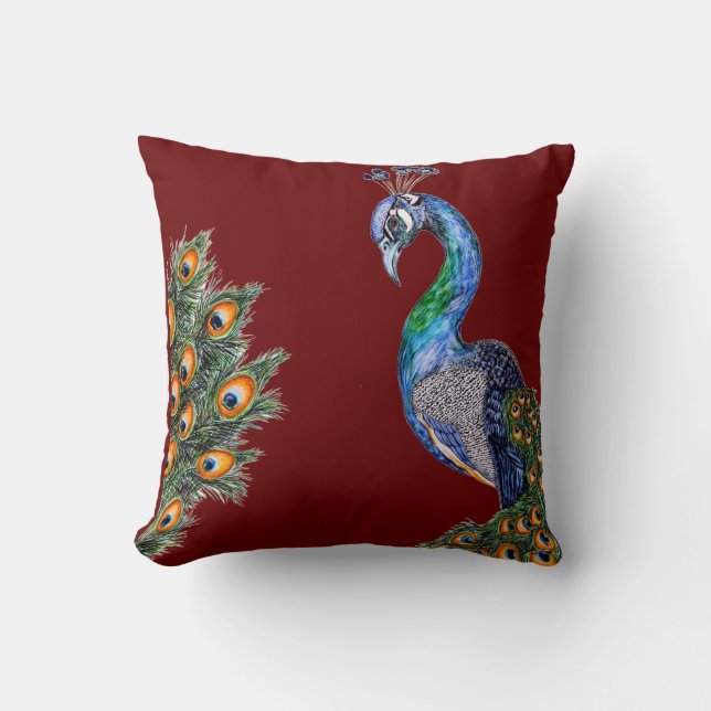 Almofada Peacock Burundy, Aquarela Elegante (Frente)