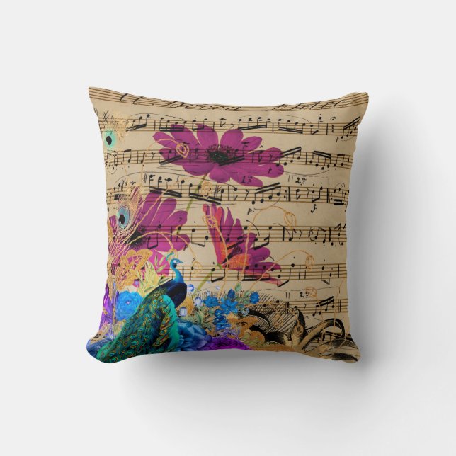 Almofada Peacock Purple Floral Sheet Music Elegante (Frente)