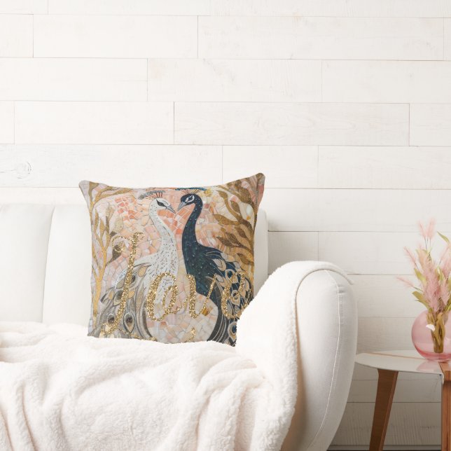 Almofada Peacocks Dourado Glitter Love Blush Rosa (Sofá)