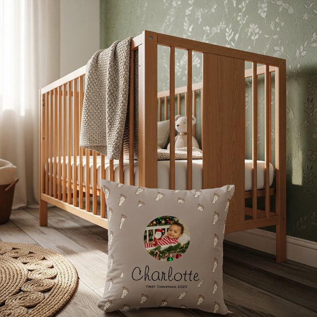 Almofada Pegadas de Bebê Rosa Bonitas Primeiro Natal do Beb (Criador carregado)