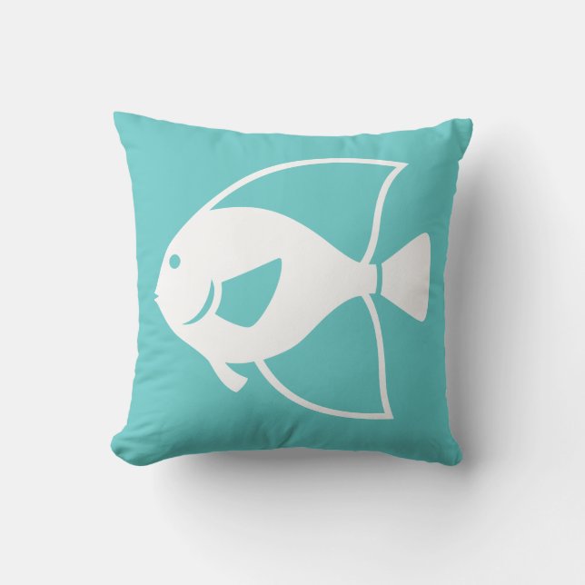 Almofada peixe branco em travesseiro azul turquesa (Frente)