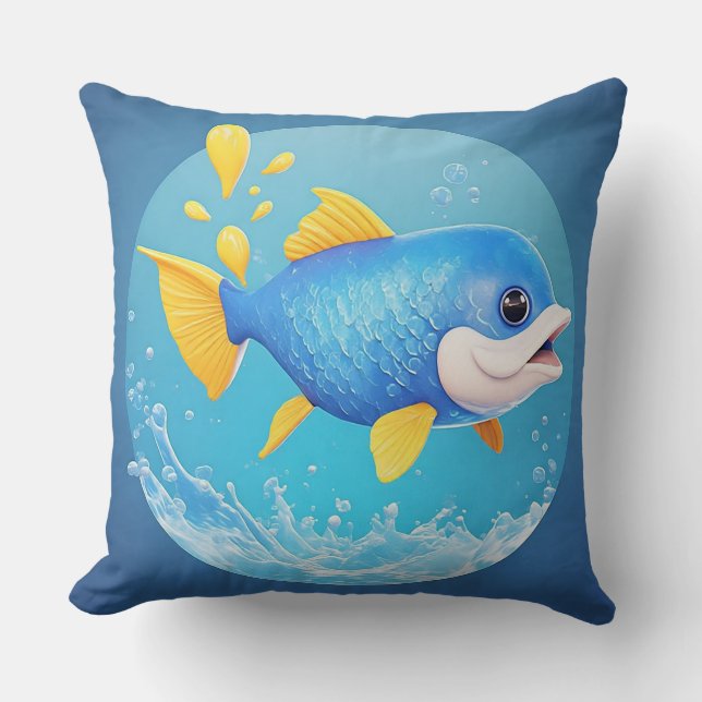 Almofada Peixe de Desenho Animado Vibrante com Salpicos (Frente)