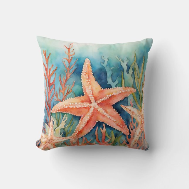 Almofada Peixe-Estrelas Laranja Aquarela Costa Oceânica (Frente)