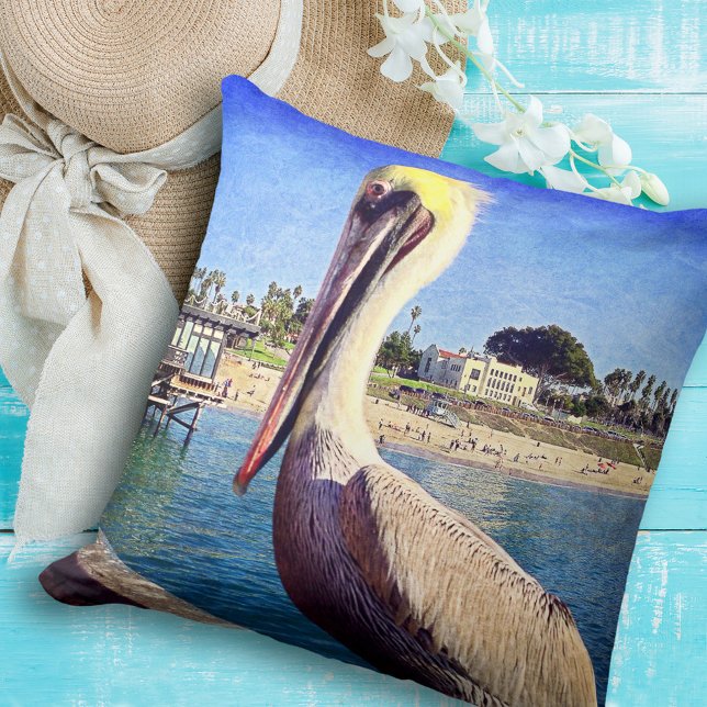 Almofada Pelican Bird Ocean Beach Pier Photo Modern Bold (Criador carregado)