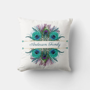 Almofada Pena de Pavão Personalizada Azul Verde Roxo Dourad