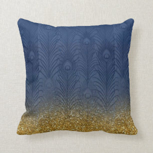 Almofada Pena Dourado do pavão do brilho do azul de índig