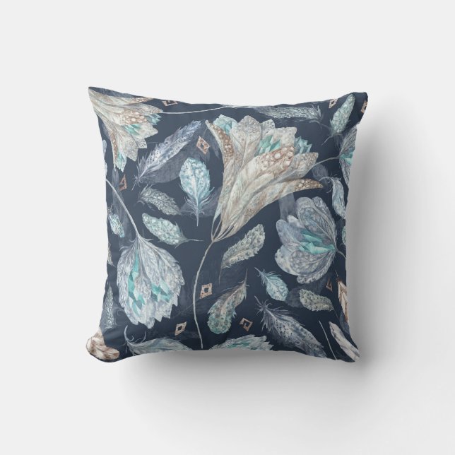Almofada Penas Chic Boho Flores: Azul Escuro-Aquarela P (Frente)