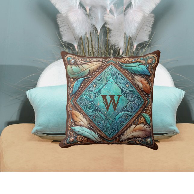 Almofada Penas de Impressão de couro com ferramentas person (Tooled Leather Print Feathers Custom Initial Throw Pillow)
