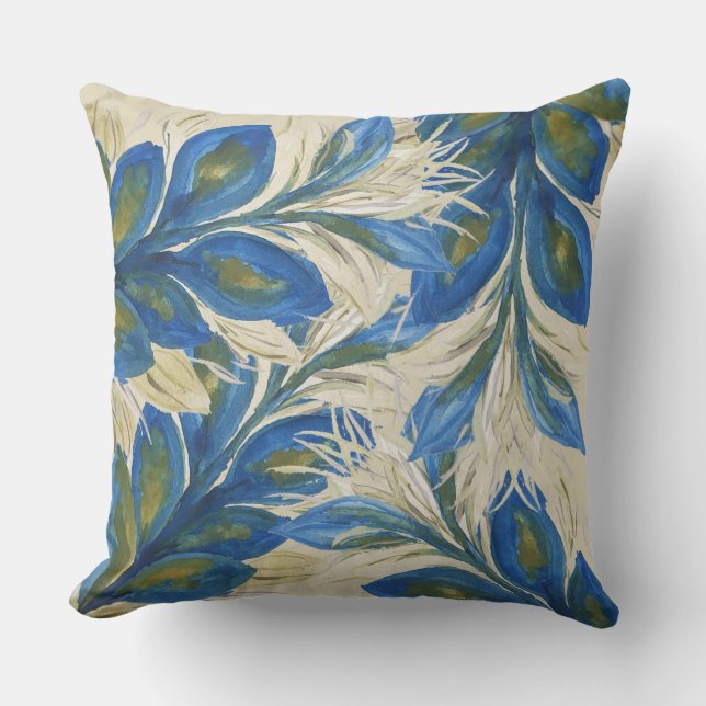 Almofada Penas de Pavão Azul Aquarela Pintado à Mão  (Frente)