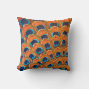 Almofada Penas de Pavão Azul-Laranja Glam Boho