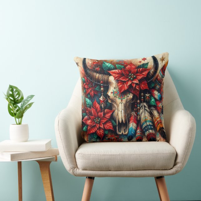 Almofada Penas de Poinsettias do Cabelo de Vaca de Natal (Cadeira)