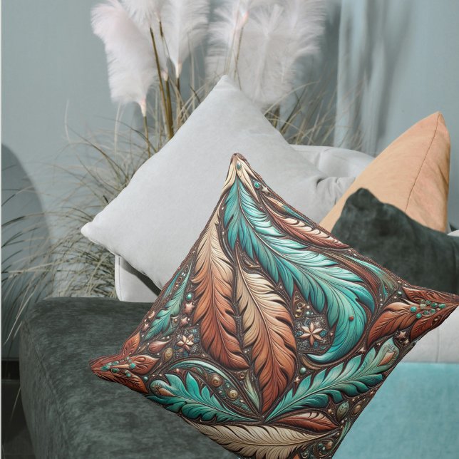 Almofada Penas de Turquesa de Couro e Couro a Oeste (Western Tooled Leather Turquoise Feathers Throw Pillow)