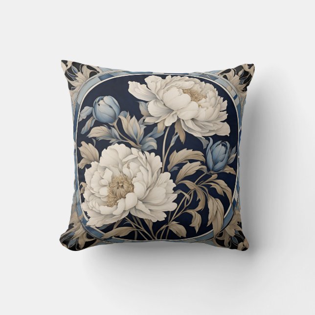 Almofada Peônia Floral Índigo Azul  (Frente)