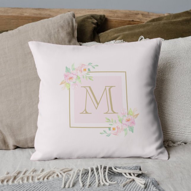 Almofada Peônia Rosa Bege Personalizada Inicial (Criador carregado)