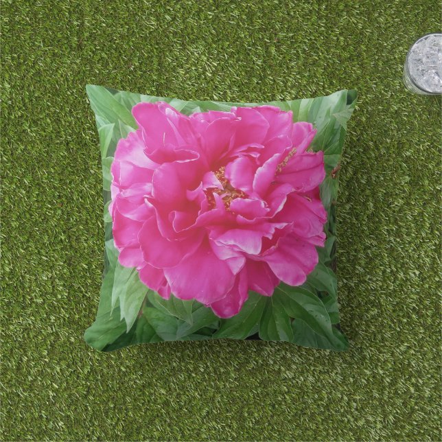 Almofada Peônia Rosa Botânica Folhas Verdes  (Grama)
