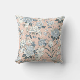 Almofada Peônias Azuis Floral Botânico Vintage Pêssego