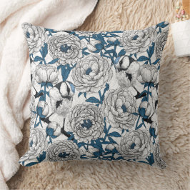 Almofada Pêonias brancas e pássaros-tetas azuis