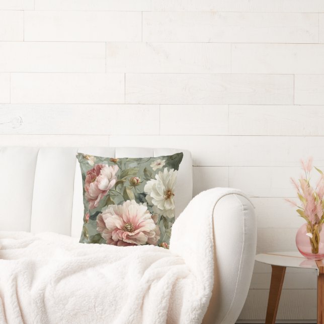 Almofada Peônias Elegantes Rosa e Branco (Sofá)