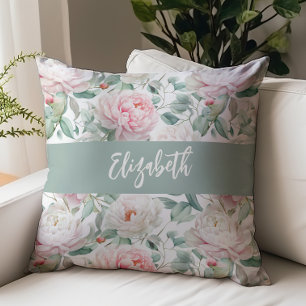 Almofada Peônias Florais em Aquarela Nome em Roteiro Rosa V