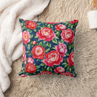 Almofada Peônias Rosa Vermelho & Folhas Verdes Padrão Azul