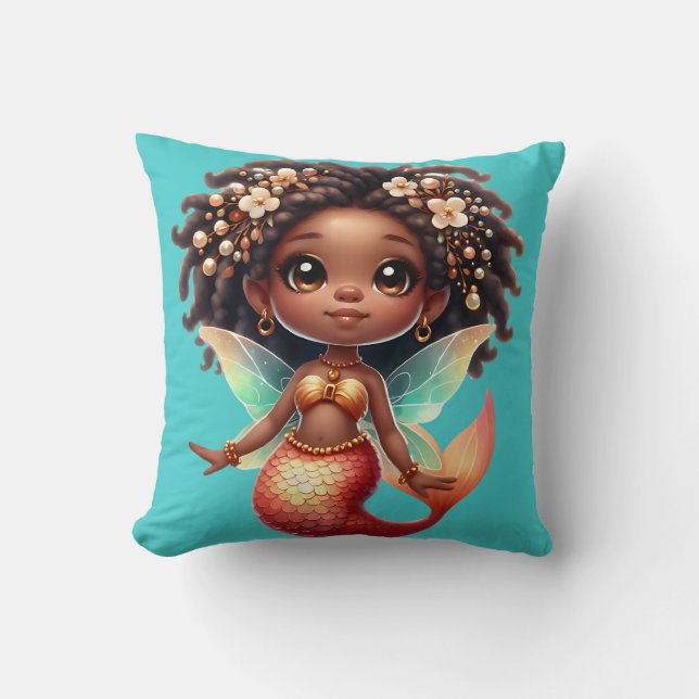 Almofada "Pequena Sereia com Olhos Marrons e Cabelo Curvo" (Frente)