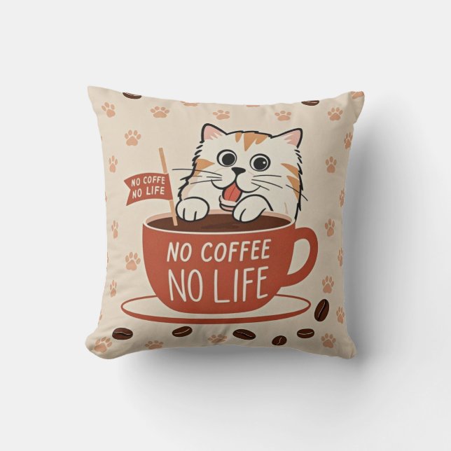 Almofada Pequenas pegadas de gato e poster de grãos de café (Frente)