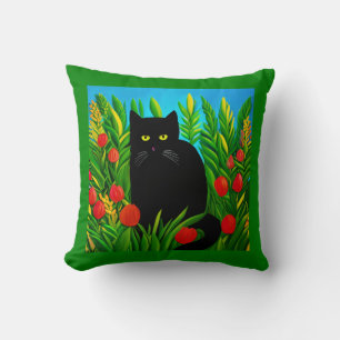 Almofada Pequeno Gato Negro em um Jardim de Tulipas
